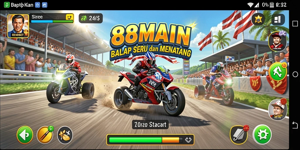 Tampilan gameplay 88MAIN dengan kendaraan yang melaju cepat di lintasan balap.