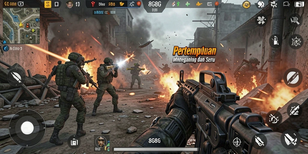 Tangkapan layar gameplay seru dari 8G8G yang menunjukkan aksi tembak-menembak.