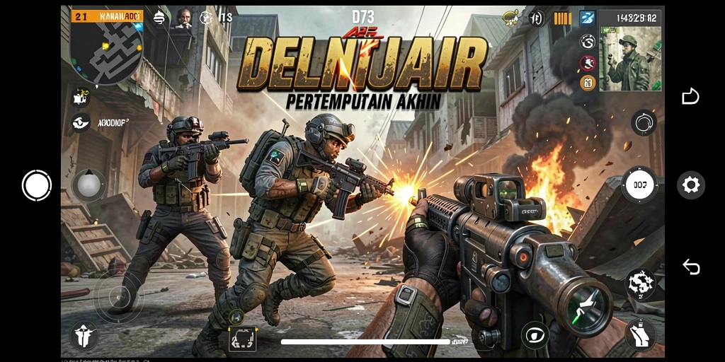 Screenshot dari gameplay D73 menunjukkan pertempuran intens dalam mode FPS.