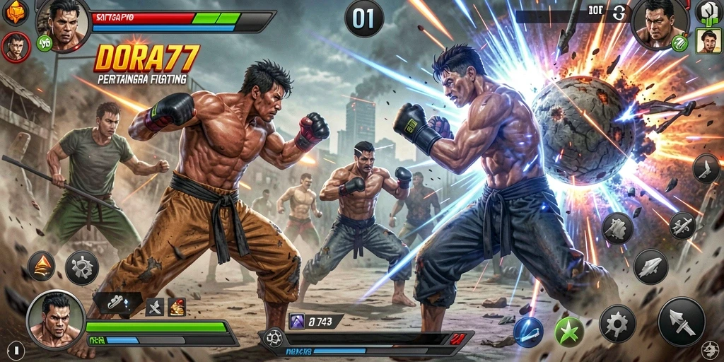 Screenshot gameplay DORA77 menampilkan duel seru antar karakter Fighting.