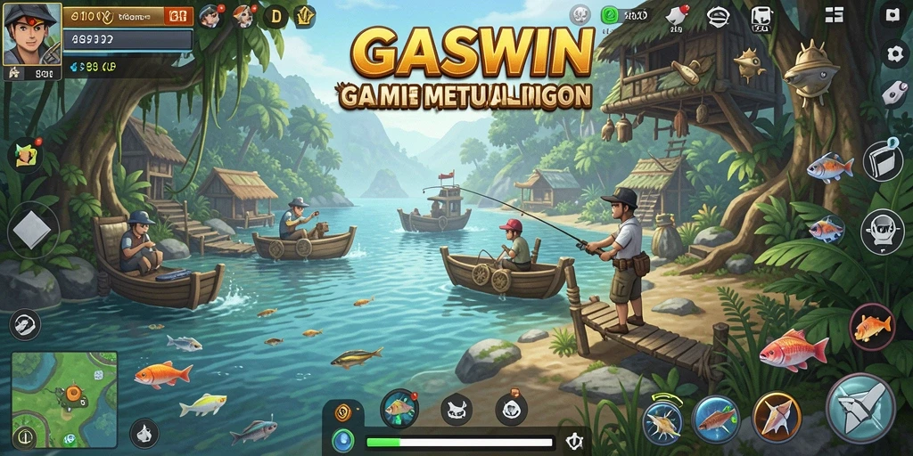 Screenshot dari gameplay GASWIN menunjukkan keseruan memancing ikan besar.