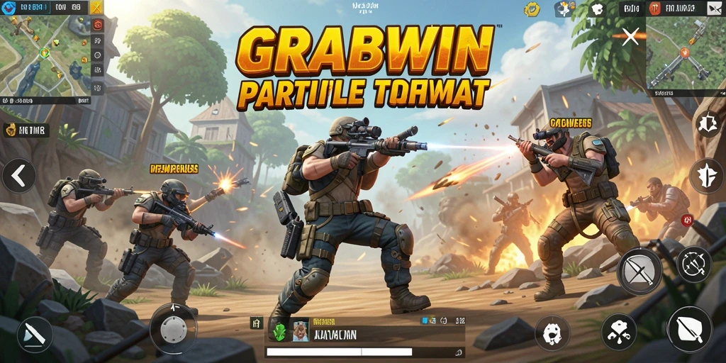 Screenshot gameplay GRABWIN yang menampilkan aksi pertempuran Battle Royale yang intens.