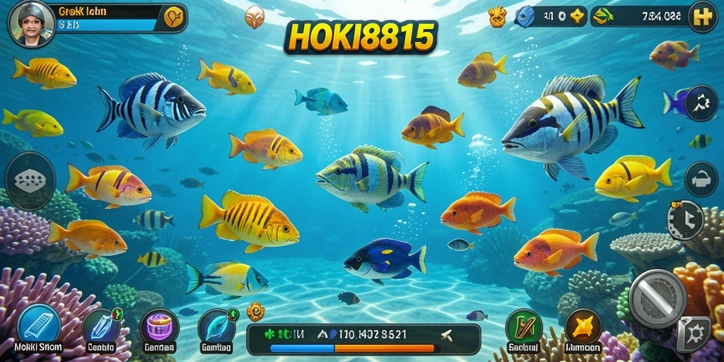 Gameplay intens HOKI8815 dengan ikan berwarna-warni di lautan.