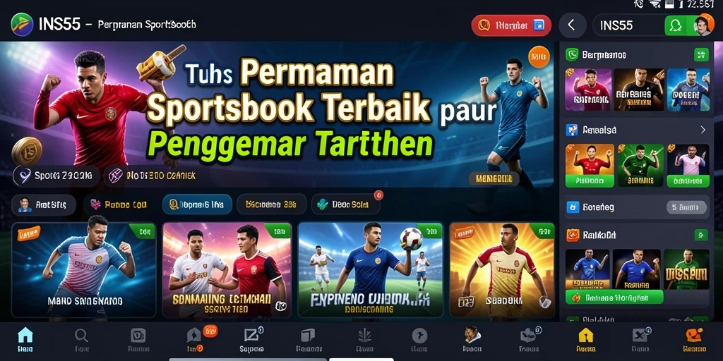 Screenshot INS55 menunjukkan antarmuka aplikasi Sportsbook yang menarik dan interaktif.
