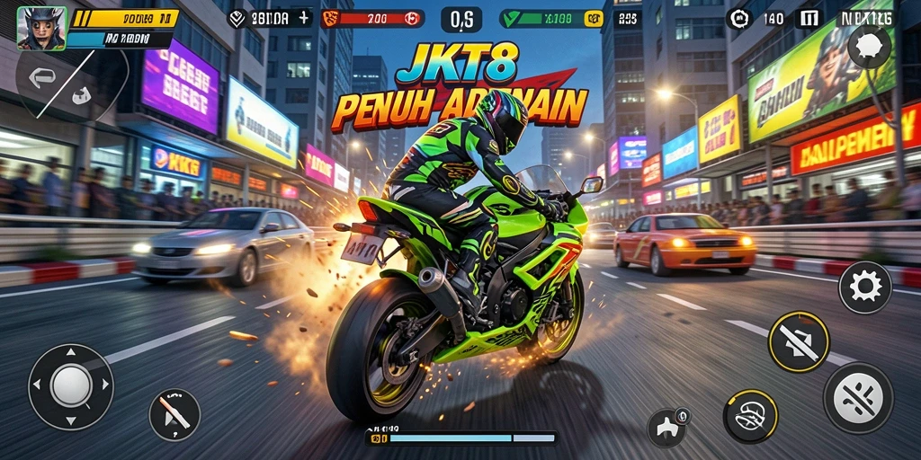 Gameplay balap motor yang mendebarkan di JKT8.