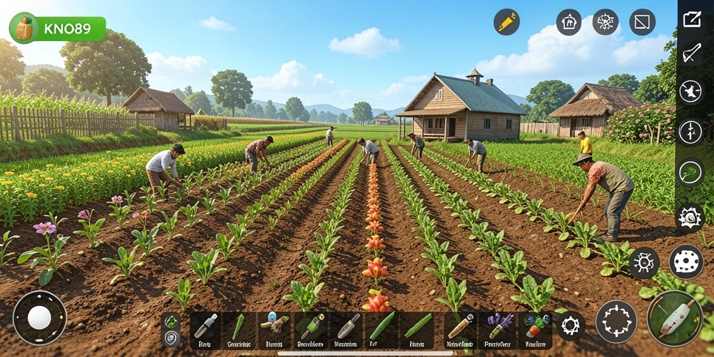 Screenshot tampilan gameplay KNO89 menunjukkan aktivitas bertani yang seru.