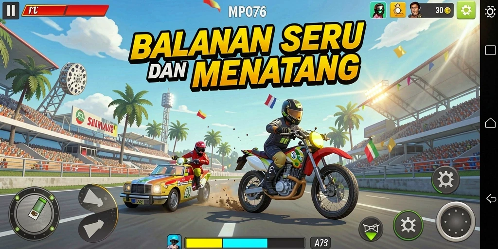 Tampilan gameplay MPO76 yang mendebarkan dengan mobil balap di trek.