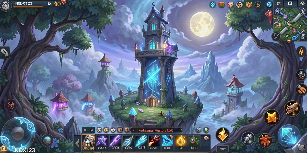 Screenshot gameplay NOX123 menampilkan strategi pertahanan menara yang intens.