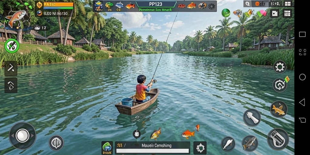 Screenshot PP123 yang menampilkan gameplay menarik saat memancing.