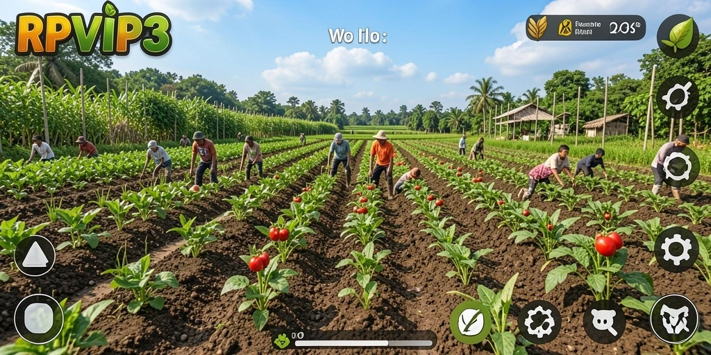 Screenshot gameplay RPVIP3 menampilkan ladang yang subur dan hewan ternak.