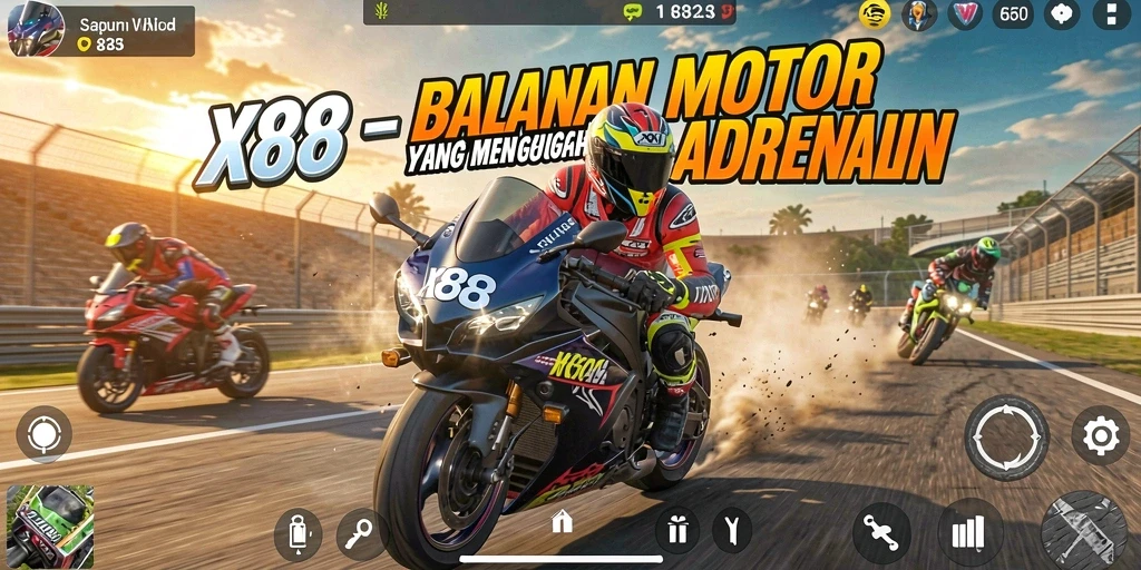 Tampilan gameplay X88 dengan balapan motor yang mendebarkan.
